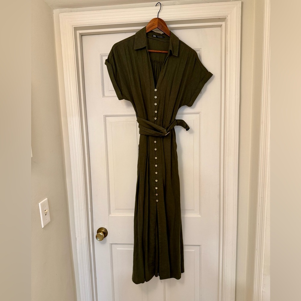 ZARA Olive Green Midi Shirt Dress with Button Front and Tie Belt Size XS - Picture 1 of 6